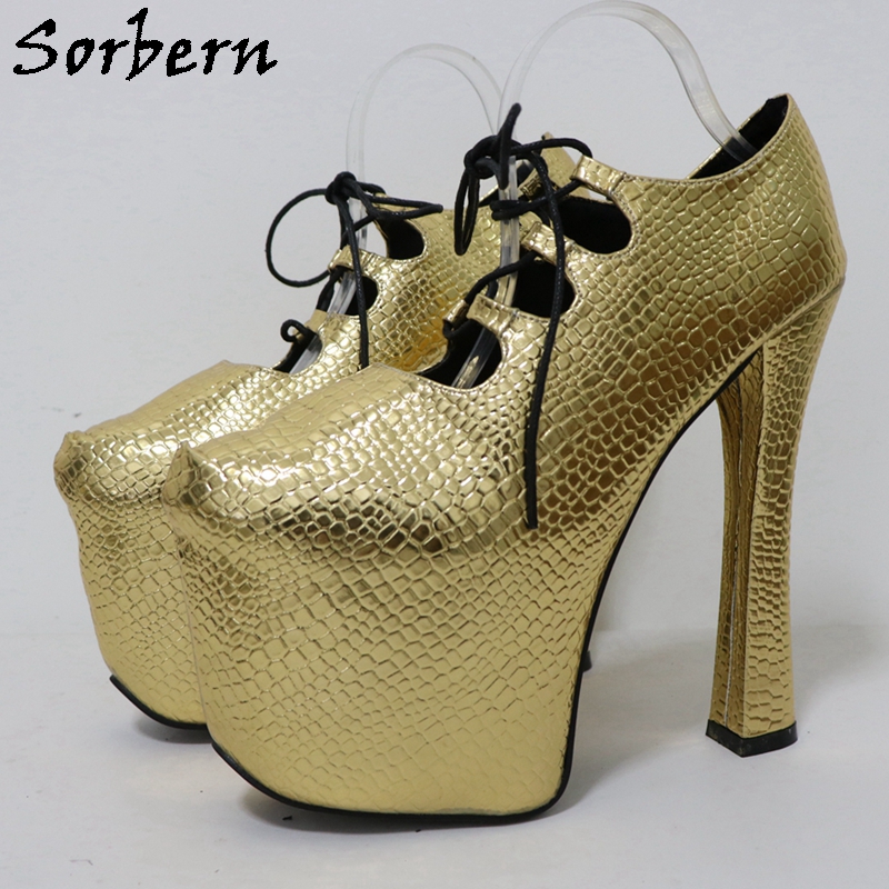 Pump Heel Block - Sorbern Gold Crocodile 20Cm Bomba Unisex