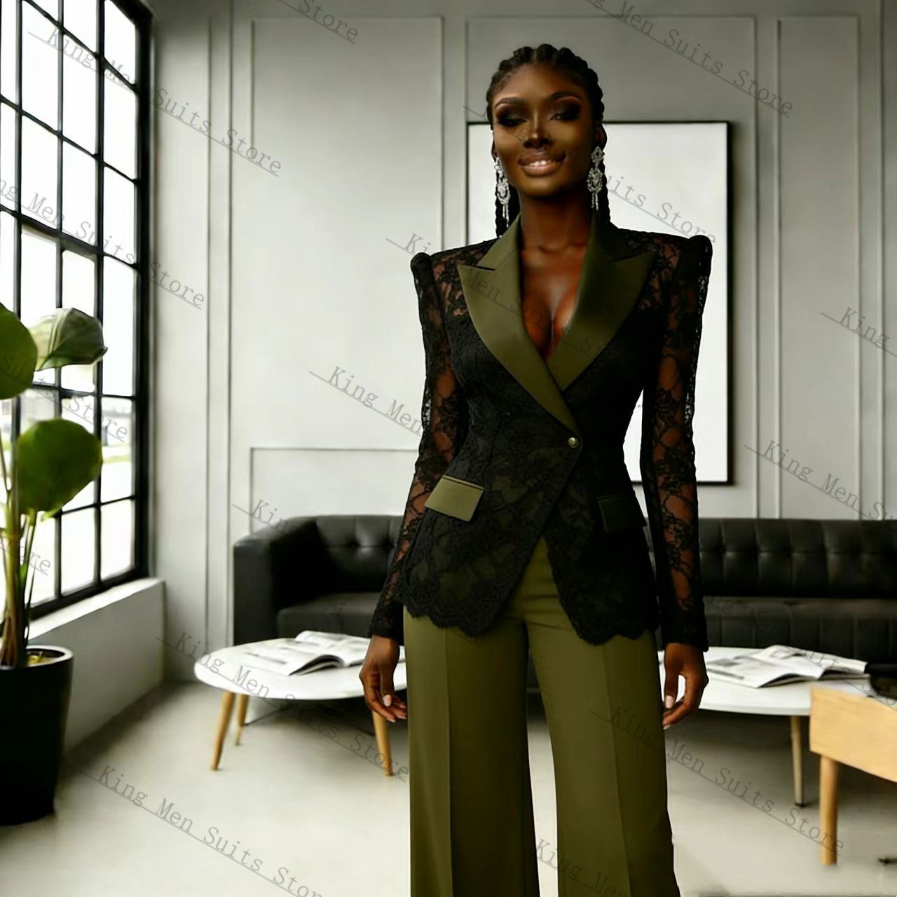 Women Formal Wear With Black Blazer - Traje de Encaje Verde y Negro