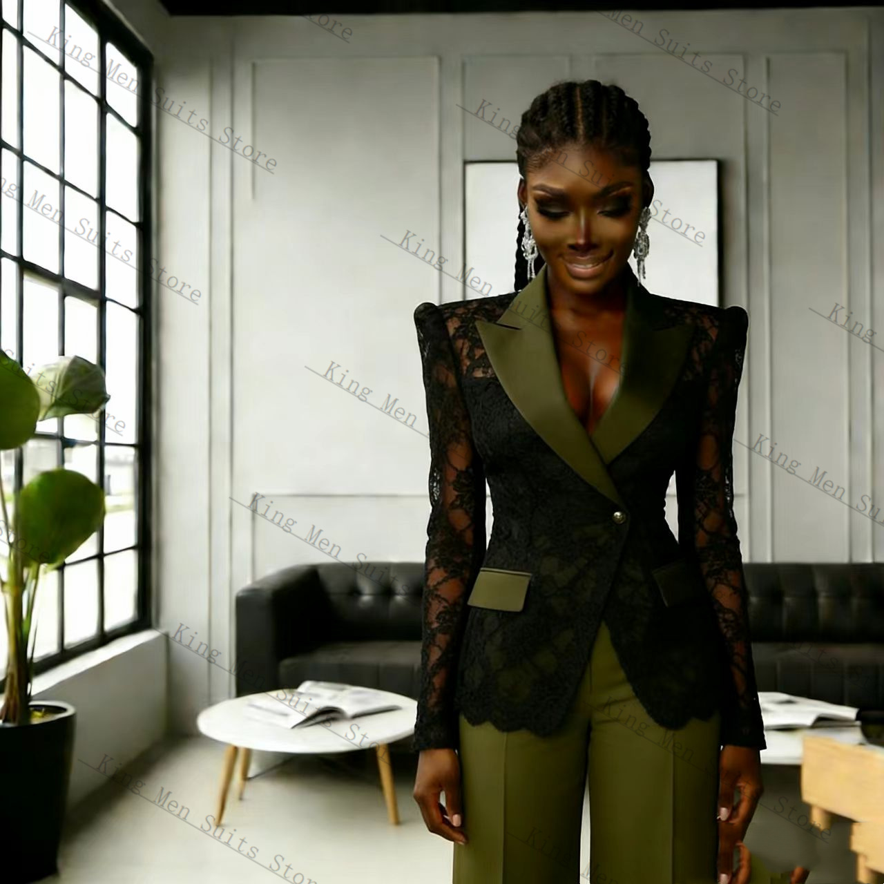 Traje de Encaje Verde y Negro  - Women Formal Wear With Black Blazer reseña y precio