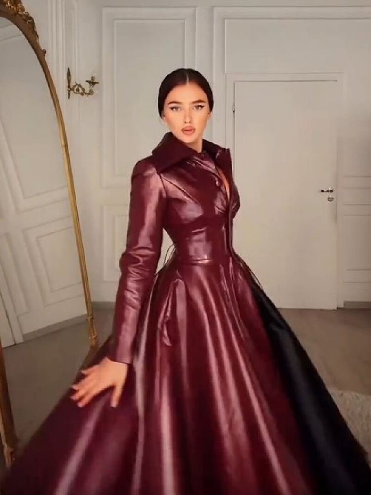 Abrigo largo de cuero sintétic - Women Formal Wear For Party reseña y precio